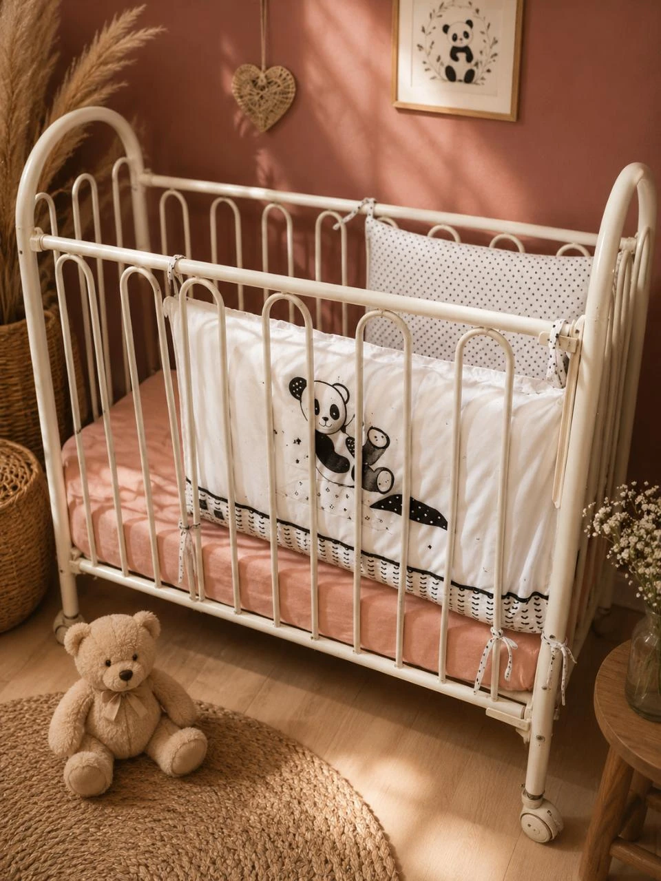 Tour de lit bébé matelassé baby panda couleur blanc / noir neuf